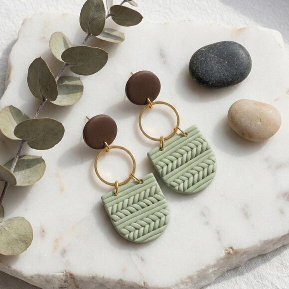 Sage Green Polymer Clay Wood Dangle Earrings Gold Plated Sterling Silver Posts - Picture 9 of 17